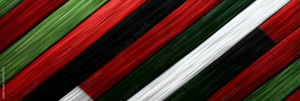 Poster striped abstract design, red, green, black, white lines intersect dynamically, creating a bold visua