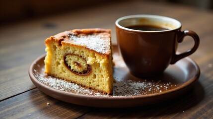 A delightful slice of sweet baked pastry, dusted with powdered sugar, served alongside a warm cup of dark coffee on a rustic wooden surface.
