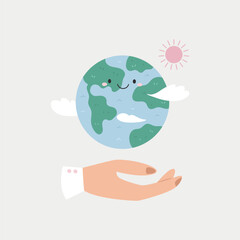 Hand holding happy Earth planet. Vector Illustration for eco designs