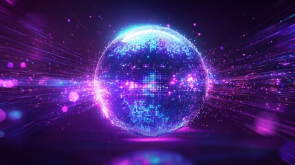 Obraz premium A glowing disco ball with holographic reflections, surrounded by vibrant neon lights.