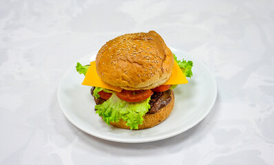 Big tasty burger with beef cutlet on a plate. Hamburger, cheeseburger with mushroom. Hamburger, Mexica, mushroom double burger.  Crispy chicken burger. With french fries, patates kizartmasi.