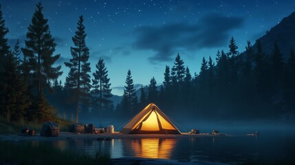 A glowing tent sits on the shore of an outdoor lake, surrounded by pine trees under a starry night sky.