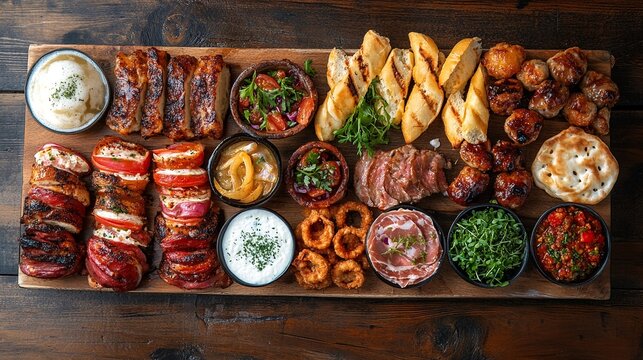 A wooden platter filled with an assortment of meats, breads, and condiments.
