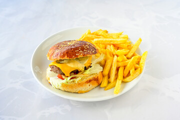Big tasty burger with beef cutlet on a plate. Hamburger, cheeseburger with mushroom. Hamburger, Mexica, mushroom double burger.  Crispy chicken burger. With french fries, patates kizartmasi.