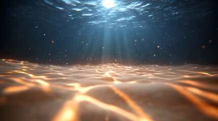 Sunbeams Illuminate Ocean Floor Sand, Golden Hues, Underwater Scene, Peaceful, Serene, Tranquil