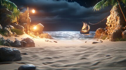 Nightfall Beach Scene, Ship Anchored by Rocks, Illuminated by Lamplight, Calm Ocean Waves