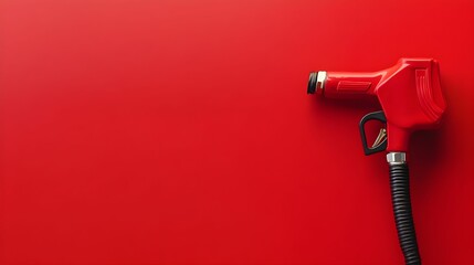 Red fuel nozzle resting against a vibrant red background in a gas station setting