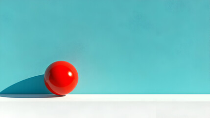 Red Sphere on White Ledge Against Teal Wall: A vibrant red sphere rests gently on a pristine white ledge, set against a backdrop of a calming teal wall, creating a visually striking minimalist scene.