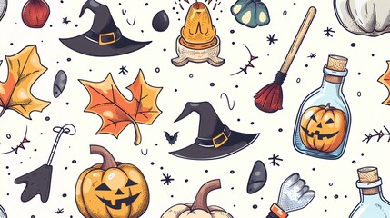 Hand Drawn Colored Magic Halloween Objects in Vector Seamless Pattern