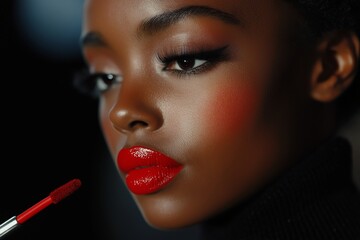 Model showcases bold red lip look in professional makeup session