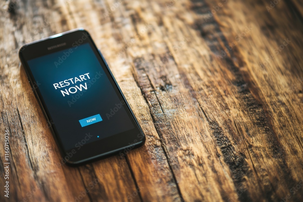 Aufkleber smartphone screen displaying bold restart now message on soft light wooden table background for cont