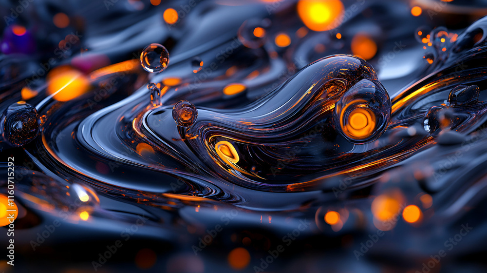 Poster abstract liquid forms, swirling dark blue and orange hues create a mesmerizing visual spectacle with