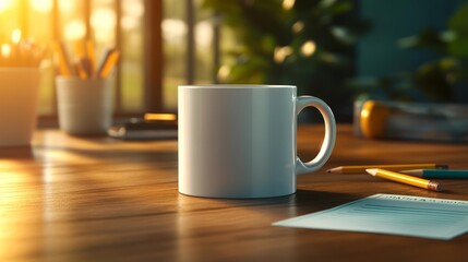 Obraz premium White mug mockup on a speech therapist's desk. Generative AI