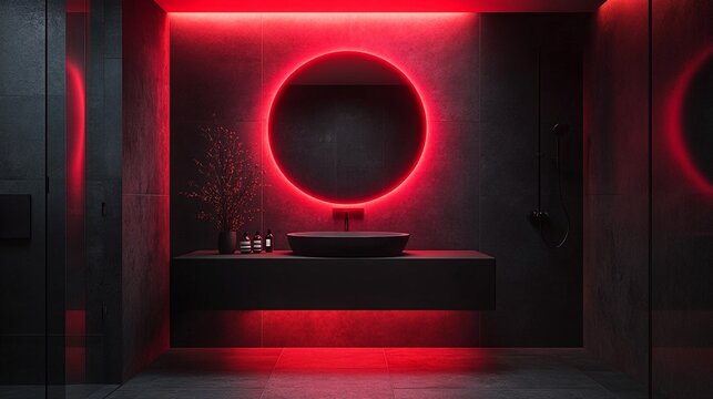 A modern bathroom with dark gray tiles and red lighting features a large round mirror, black sink, and various toiletries.