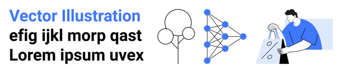 Abstract icons, network diagram with nodes, person holding package, sample text. Ideal for web design, branding, tech presentations, e-commerce, education graphic design promotional materials