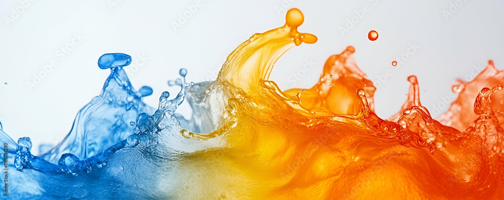 Poster vibrant blue and orange liquid splashing dynamically, creating a stunning visual symphony of color a