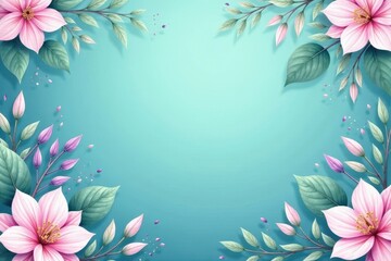 Fototapeta premium Serene Pastel Blossom Frame Delicate Pink Flowers and Teal Background for Elegant Designs