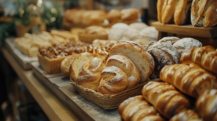 Freshly Baked Bread Display: A tempting assortment of loaves, rolls, and pastries arranged on wooden shelves in a bakery, creating a warm and inviting atmosphere.