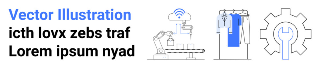 Robotic arms performing tasks along an assembly line, clothing on a conveyor, large gear in background. Ideal for industrial automation, technology, robotics, manufacturing, production, smart