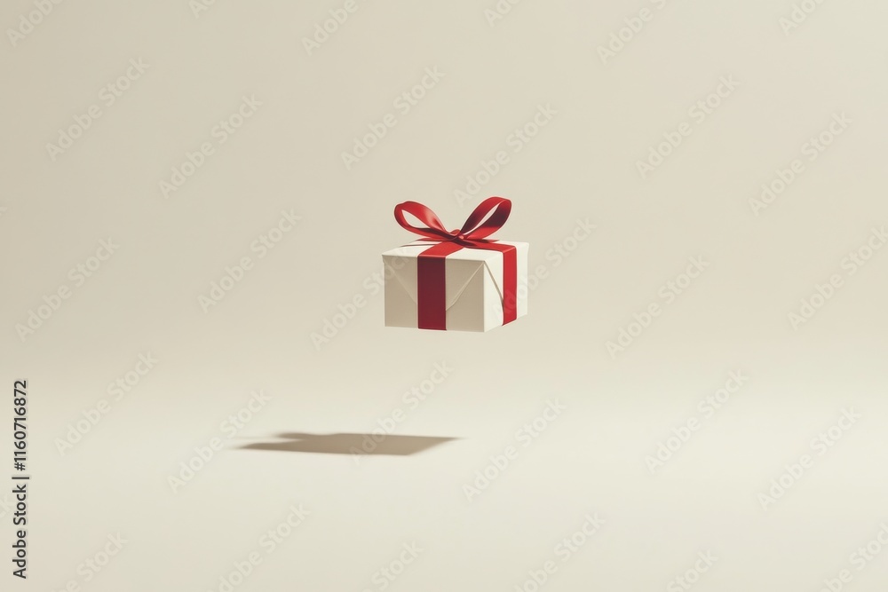 Poster soft floating gift box with red ribbon in vertical position against a light beige background with su