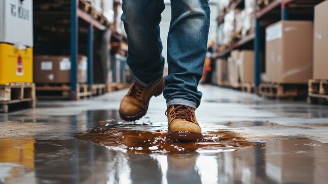 Male worker in a warehouse accidentally stepping into a liquid spill on the floor, workplace safety hazards, accident prevention, industrial work environment, occupational risk awareness