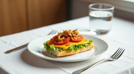 A simple yet delicious open-faced sandwich, featuring melted cheese, crisp lettuce, juicy tomato slices, and caramelized onions, elegantly presented on a white plate