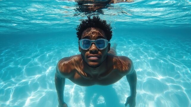 Underwater portrait of a man swimming in a pool, wearing goggles.