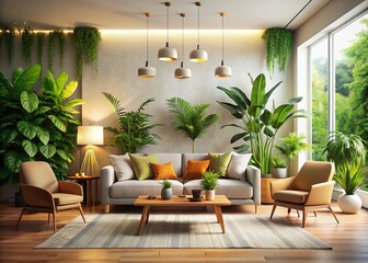 Minimalist Elegant Living Room Lush Greenery Soft Lighting AI Photo