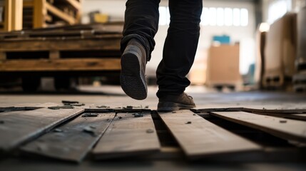Close-up of a person stepping on a broken pallet in an industrial warehouse, highlighting workplace safety concerns, hazard awareness, risk of injury, accident prevention in industrial environments