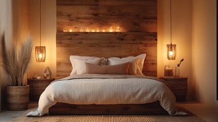 A warm and inviting bedroom with a wooden headboard and a plush bed dressed in white linens.