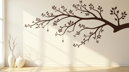 Serene Interior Design Featuring a Wall-Mounted Branch Silhouette with Hanging Lanterns and Minimalist Decor