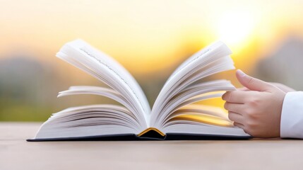 Fototapeta premium An open book held in hand against a sunset background.