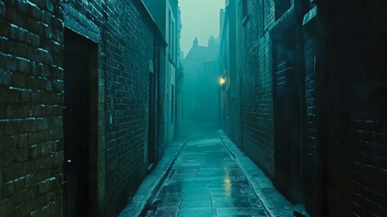 Gritty and dark urban alley at night framed by derelict buildings, rain-soaked pavement, and an eerie mist evoking ominous tension, danger, and mystery in the inner city streets