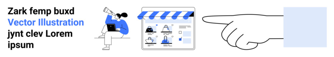 Hand points to smartphone app interface showing various cloud icons with blue and white design. Woman looking through binoculars. Ideal for mobile apps, technology, cloud services, digital marketing