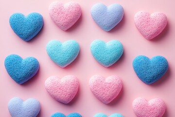 Obraz premium Colorful heart-shaped sponges arranged on a pastel pink background for decoration or cleaning purposes