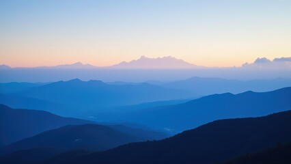 A majestic mountain range stretches into infinity, its rugged peaks meeting the warm glow of a sunset sky, ablaze with hues of turquoise, orange, and golden light