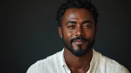 Obraz premium A Black man with a beard smiles confidently in a portrait, showcasing pride, clear skin, and hair care
