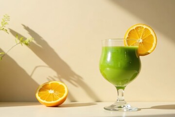 Fototapeta premium Refreshing Green Smoothie with Citrus Garnish in Sunlight