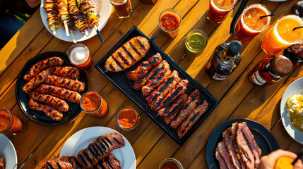 vibrant barbecue table filled with grilled meats, drinks, and sauces