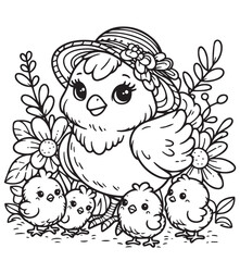 coloring book cute chicken with baby chick pose 