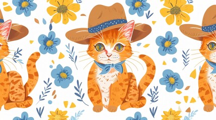Cute Cat with Hat Seamless Pattern Vector Illustration
