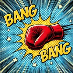 A bold and energetic comic-style image showcasing a red boxing glove punching through a vibrant explosion, accompanied by dynamic "Bang" text and starbursts, exuding power and retro charm.