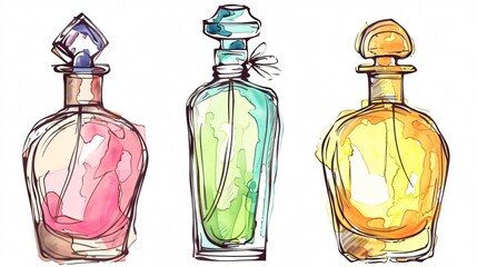 Elegant Hand Drawn Perfume Bottles Colored Vector Logo Design