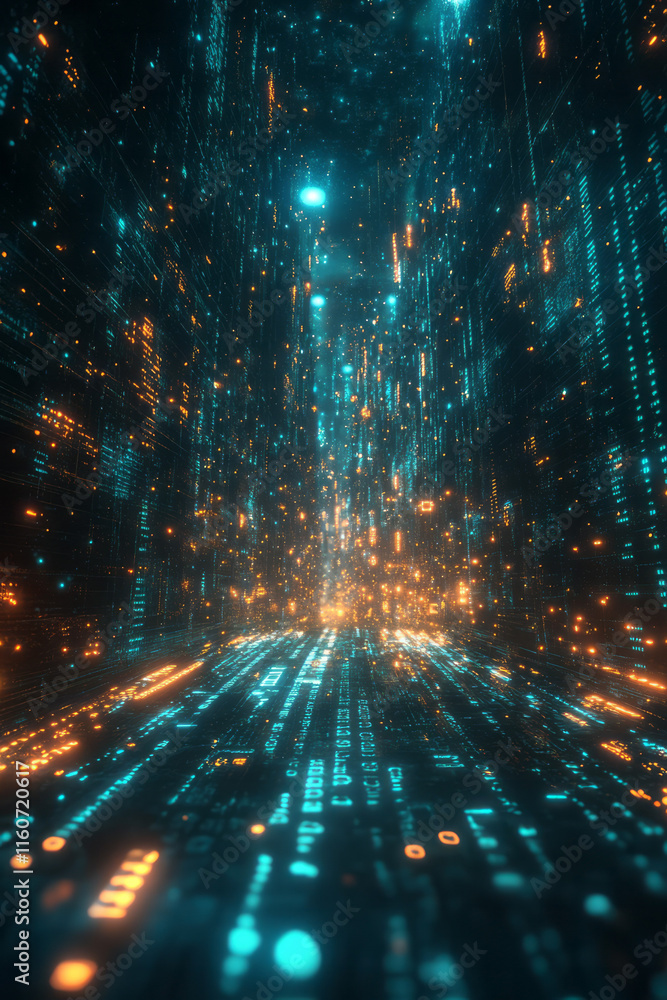 Poster A digital interface floating in mid-air, surrounded by binary code and glowing holograms,
