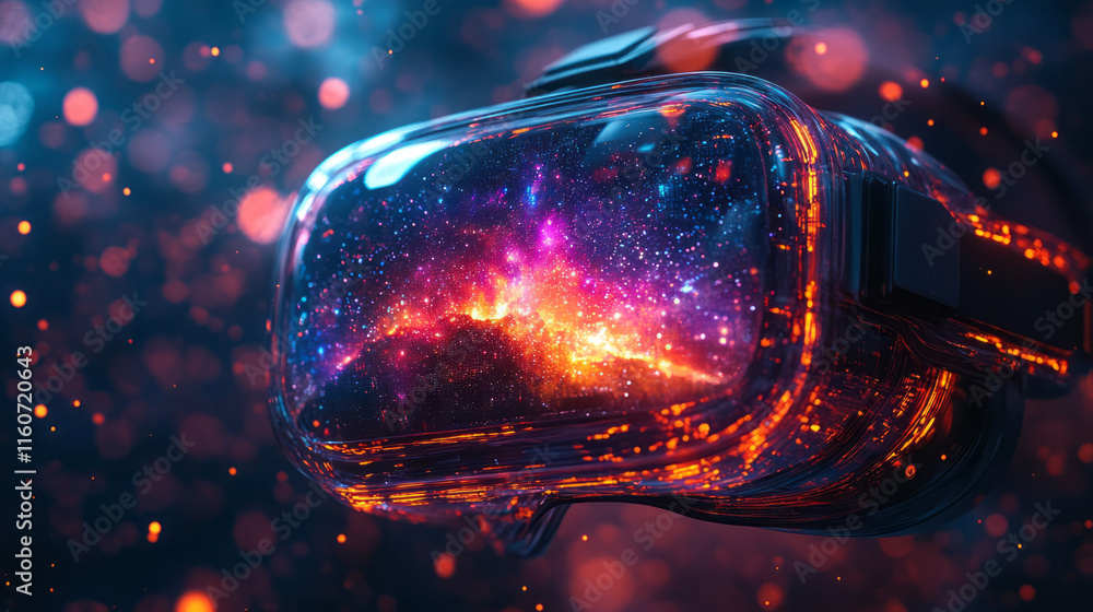 Poster a virtual reality headset emitting holographic projections of galaxies and data streams,