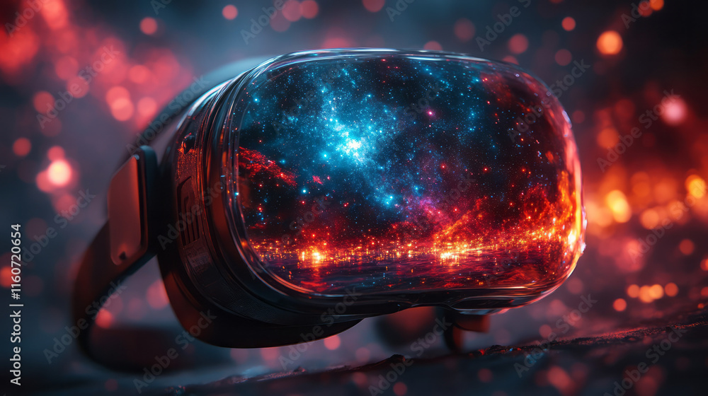 Poster a virtual reality headset emitting holographic projections of galaxies and data streams,