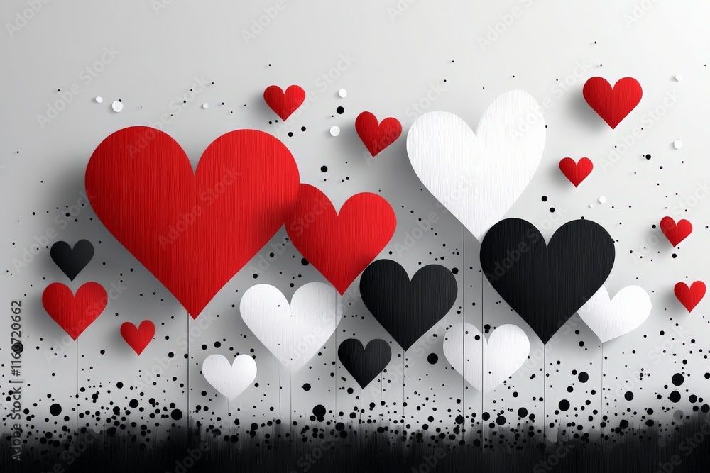 Poster colorful hearts in various sizes create a vibrant display on a textured wall