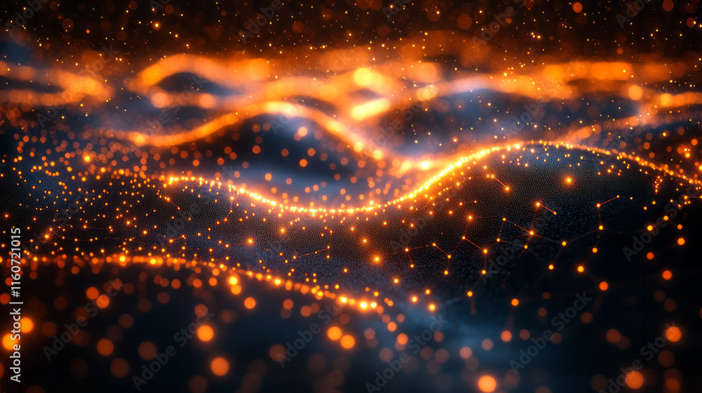 Poster an abstract visualization of a blockchain network, interconnected glowing nodes,