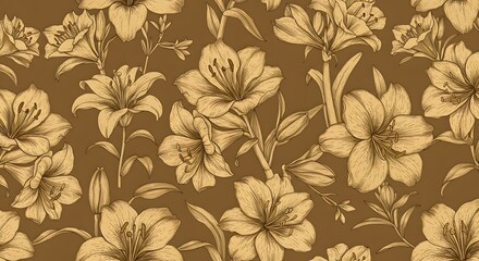 Obraz premium Vintage luxury seamless floral background with golden lilies flowers amaryllis. Romantic pattern template for wall decor, wallpaper, wedding invitations, ceremonies, cards. 