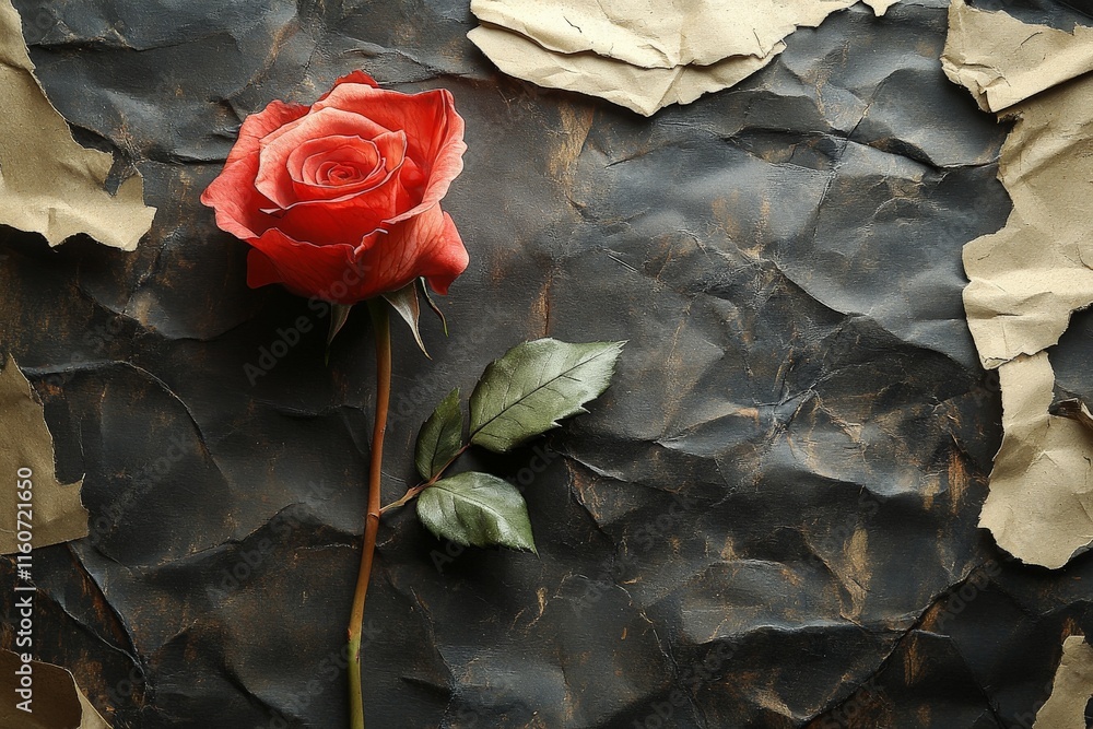 Poster elegant red rose on crumpled paper with textured background creating a striking visual contrast and 